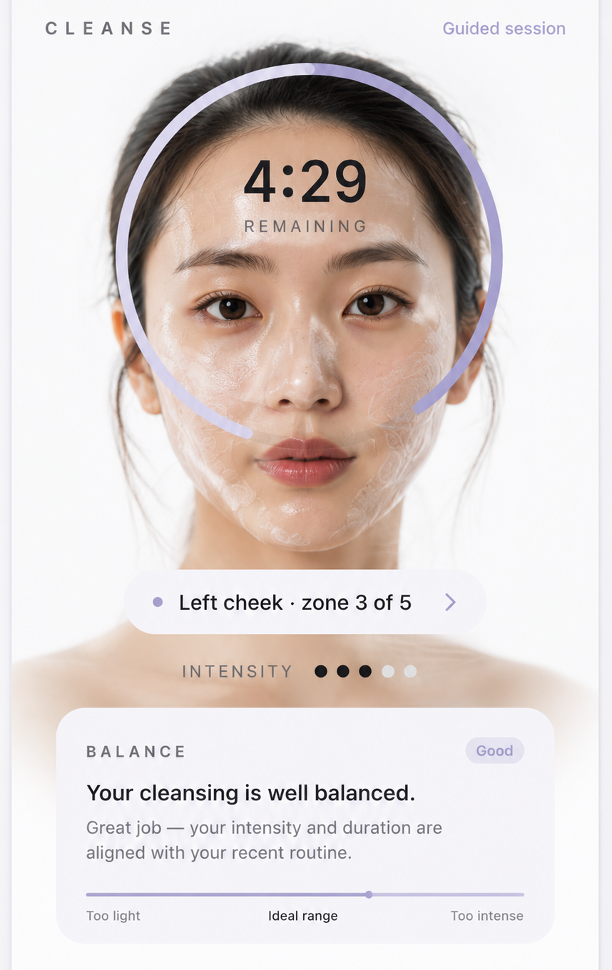 BEAUER app — guided cleanse screen: face map with active zone, timer, intensity, and balance status