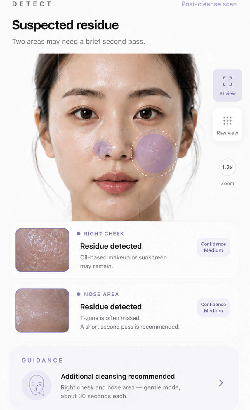 BEAUER app — detect screen: macro face scan with suspected-residue overlay and cleansing guidance