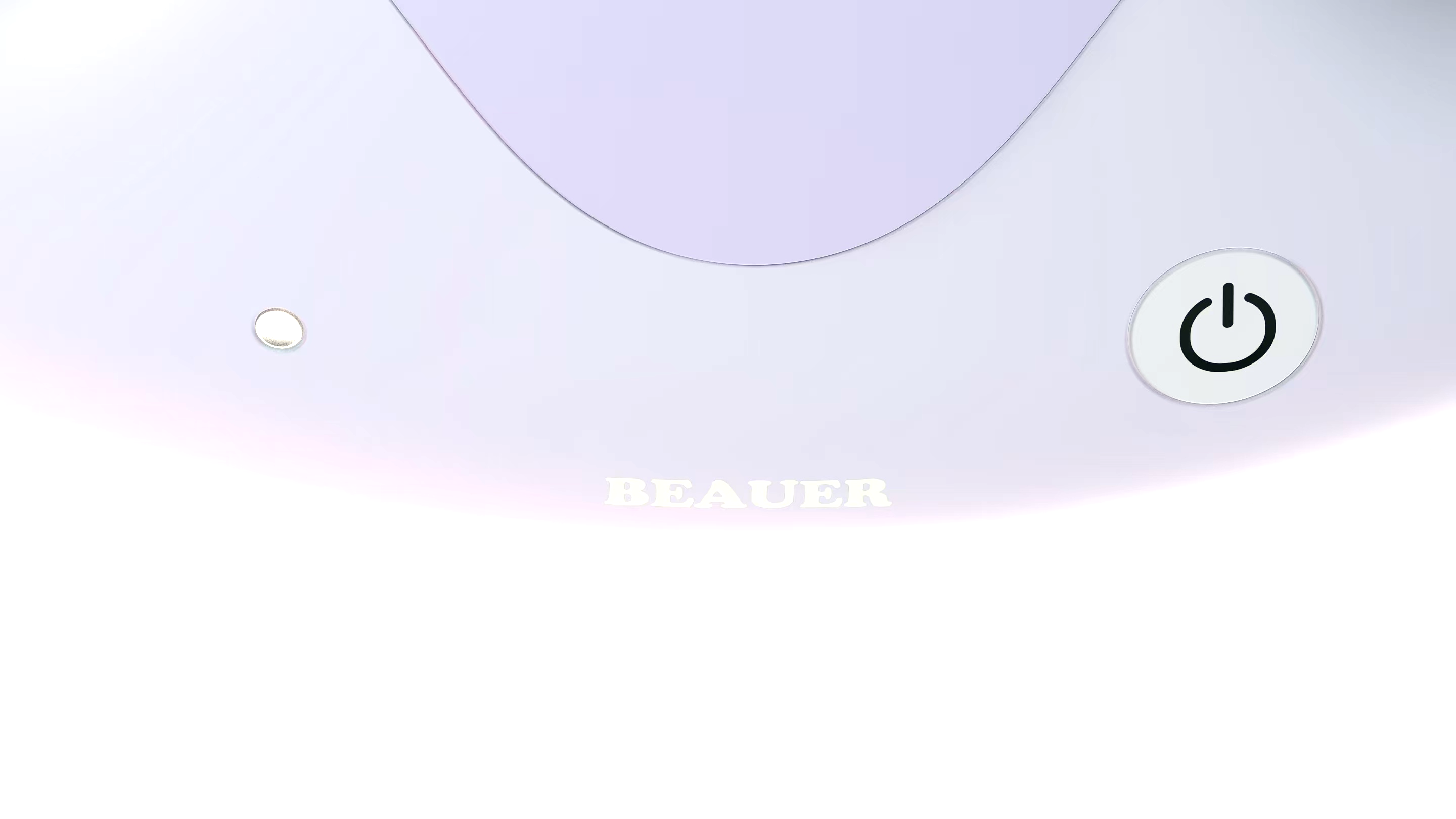 BEAUER hardware detail — power button, indicator light, and wordmark on the curved lavender body